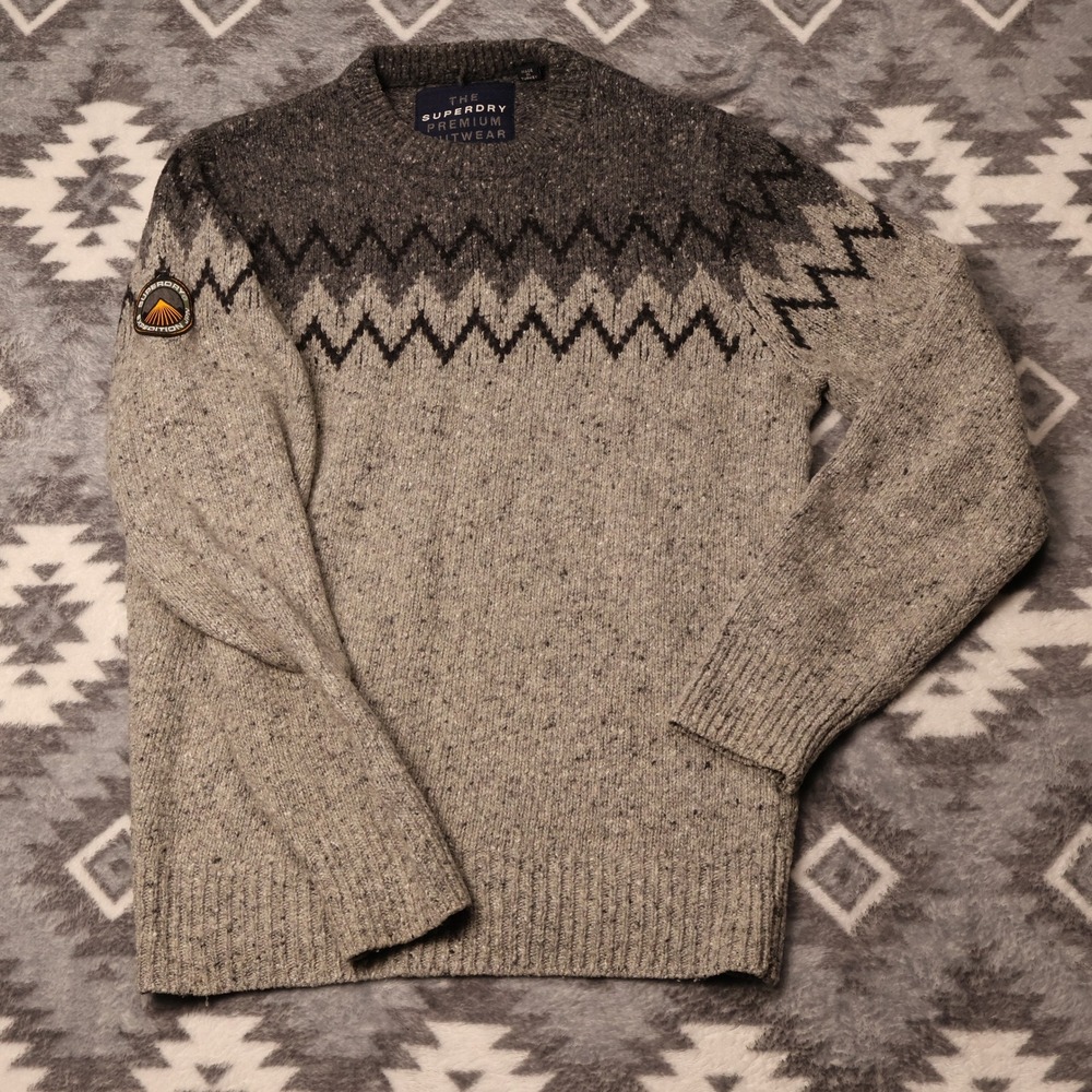 Superdry Premium Knitwear Grey Fair Isle Wool Blend Sweater M61010KP Small